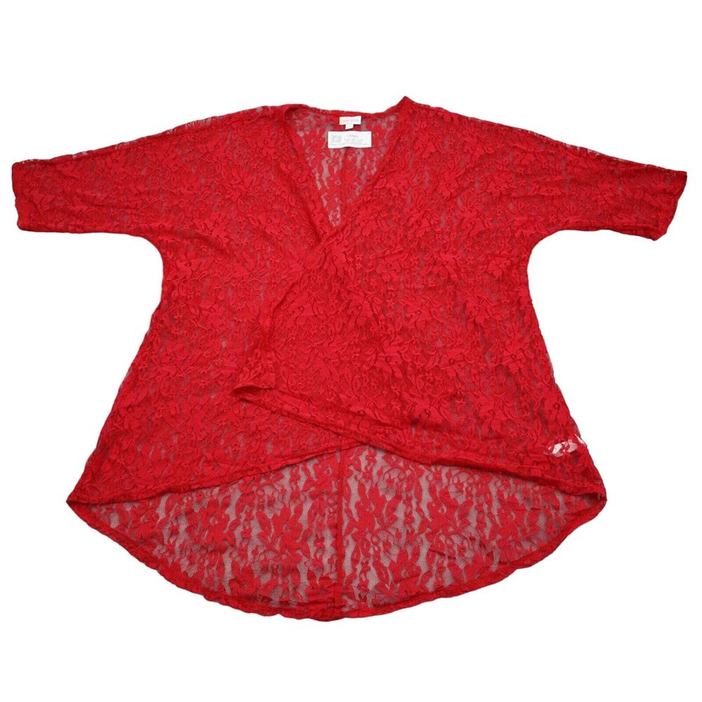 LulaRoe Sweater Womens M Red Floral Lindsey Lace Kimono Cardigan Half Sleeve